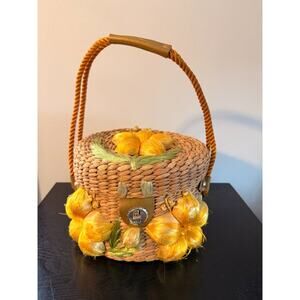 Vintage Rattan Raffia Yellow Flowers Woven Basket Tiki Purse